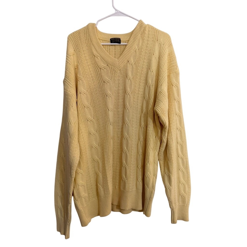 Vintage Brooks Brothers Cable Knit Sweater Mens XL Yellow Cotton V-Neck Preppy
